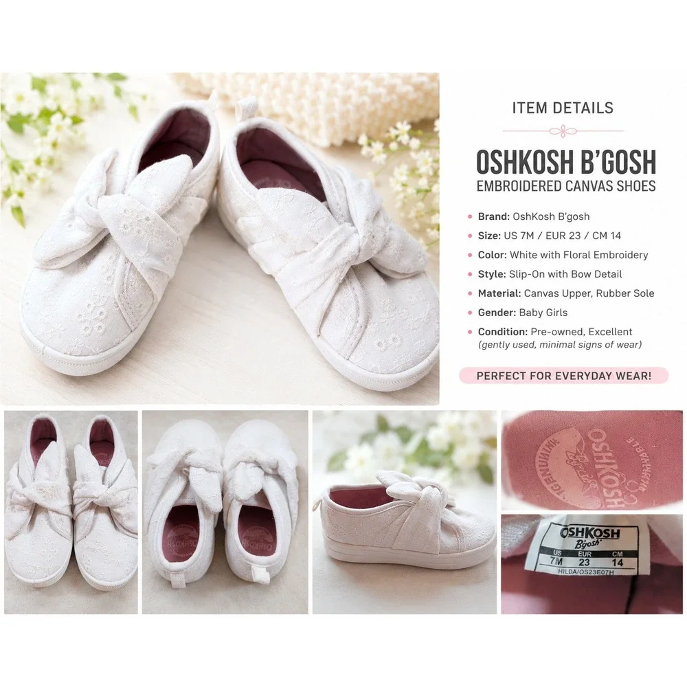OshKosh Bgosh Baby Girls White Floral Embroidered Bow Slip On Shoes Size 7M